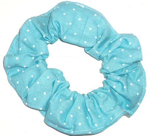 tiny white polka dots on blue fabric hair scrunchie ties