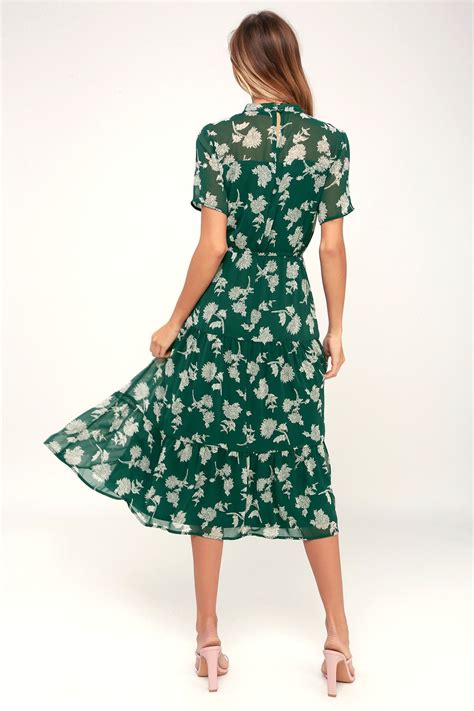 floral dressed  dark green floral print midi dress midi short sleeve dress simple summer