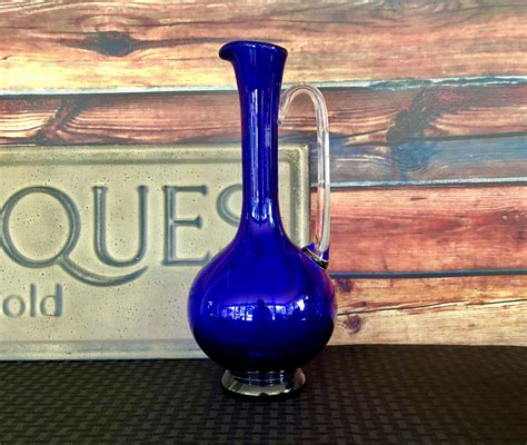 Hand Blown Cobalt Blue Vintage Glass Pitcher W Clear Handle Etsy In