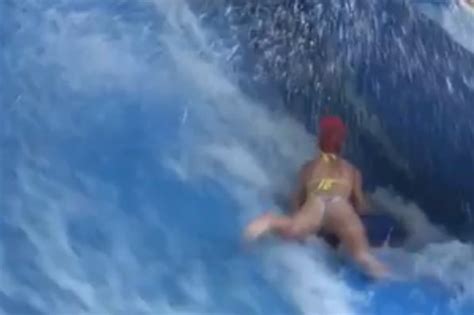 Bikini Clad Woman On Wave Machine Ends Up Red Faced In
