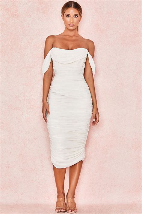Off Shoulder Ruched Bodycon Cocktail Party Dress White – Rosedress
