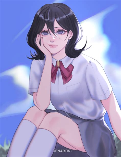 Safebooru 1girl Black Hair Bleach Breasts Clouds Hair Between Eyes