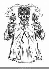 Gangster Skeleton Drawings Tattoos Vector Tattoo Chicano Skull Old School Holding Mafia Gangsters Prison Visit Revolvers sketch template