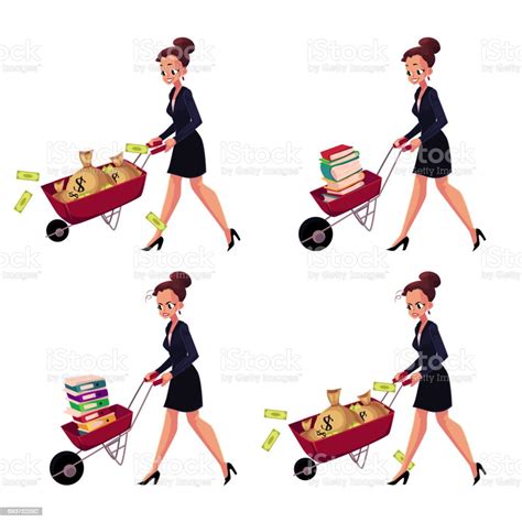 Businesswoman Pushing Wheelbarrow Full Of Money Bags Book Document