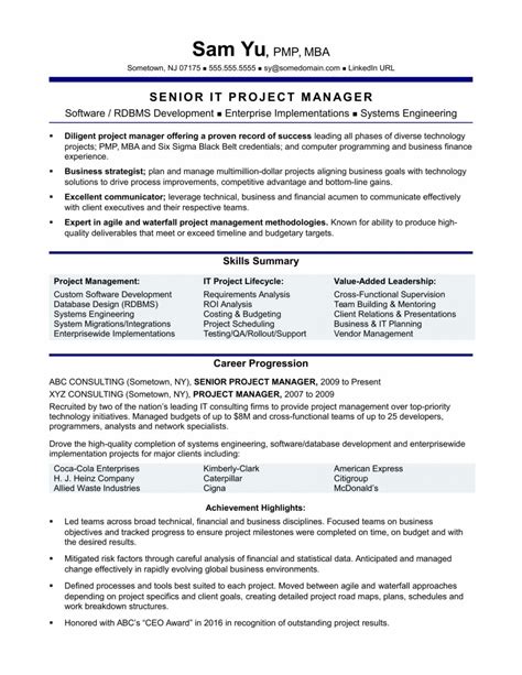 experienced  project manager resume sample monster project