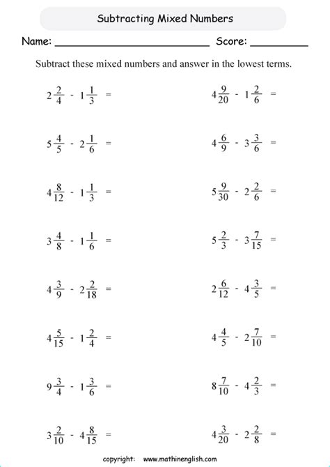 grade  math worksheets adding fractions  mixed numbers  learning
