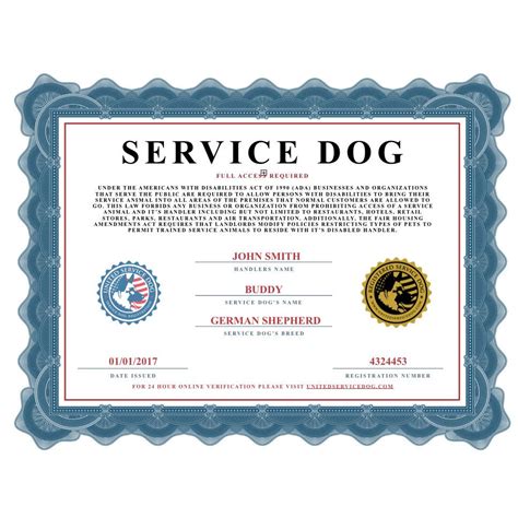 fillable blank downloadable  printable service dog certificate