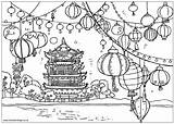 Coloring Chinese Colouring Pagoda Pages Lanterns Sheet Sheets China Year sketch template