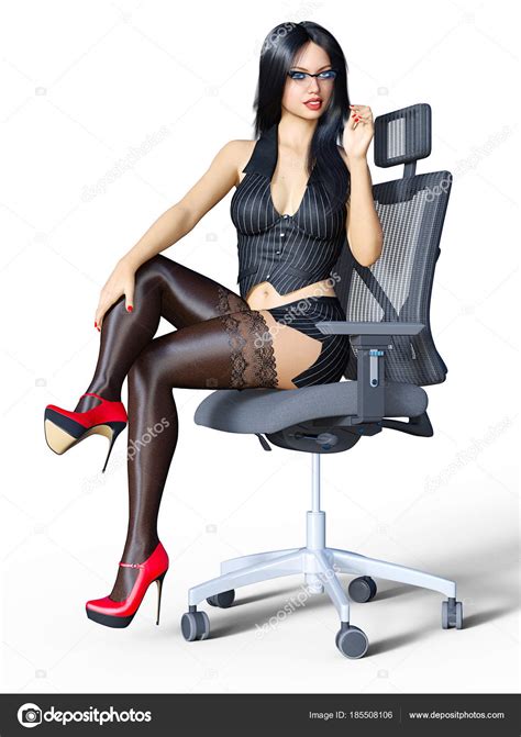 long haired sexy brunette secretary black stockings