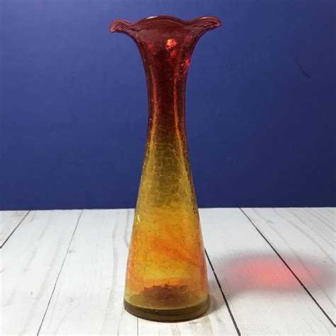 Amberina Crackle Glass Vase Retro Bohemian Home Decor Etsy Blown