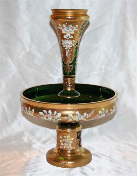 Antique Moser Green Glass Epergne W Raised Gilt Designs And Flowers 15