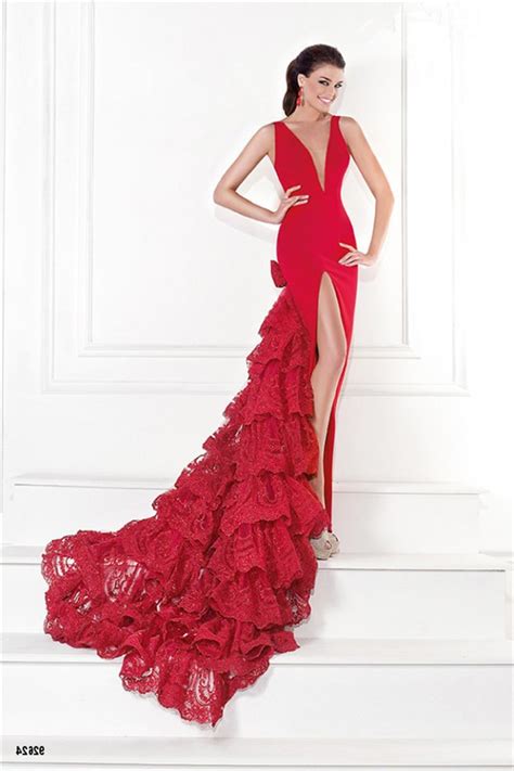 sexy deep v neck low back high slit red lace ruffle