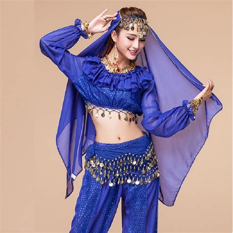 exotic apparel indian belly dance costumes set 6pcs pant top belt veil