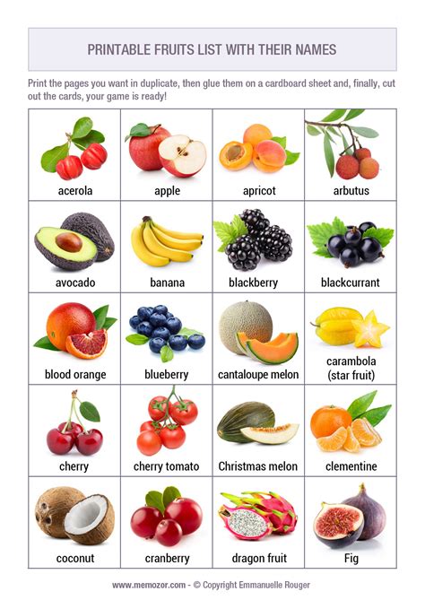 list   fruits  names  pictures printable memozor