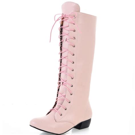 knee high boots lace up sexy low heels comfortable white black pink