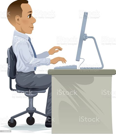 Cartoon Of A Man In Business Clothes Sitting At A Desk Stock