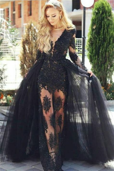 glamorous black tulle lace prom dresses  long sleeve formal gowns  detachable skirt
