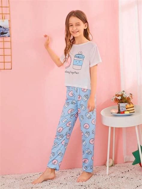 Girls Donut Print Pajama Set Girls Sleepwear Print Pajamas Girls