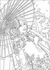 Coloring Japan Woman Version Cherry Japanese Most Beautiful Elegant Pages Easy Adult Easier Blossoms Yukata Temple Young Front Her Celebrating sketch template