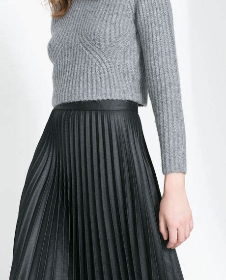 zara pleated midi skirt in black grey lyst