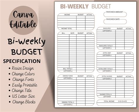 bi weekly budget overview template printable canva editable etsy