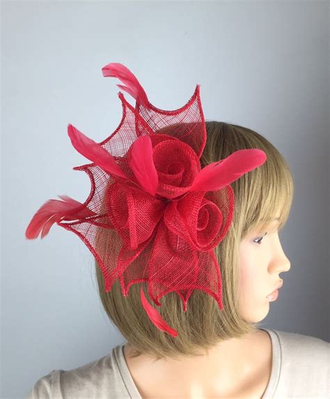red fascinator on clip red fascinator red wedding corsage hat etsy uk
