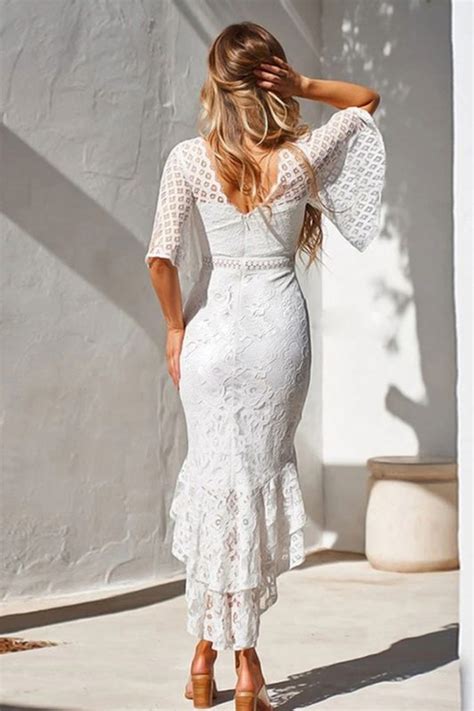 white lace prom dresses with short sleeve design