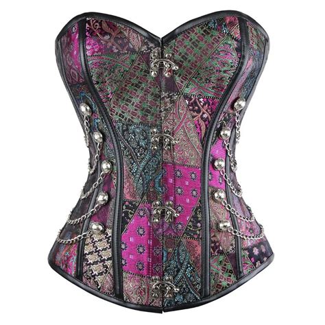 waist overbust corset steel boned corset top purple floral steampunk