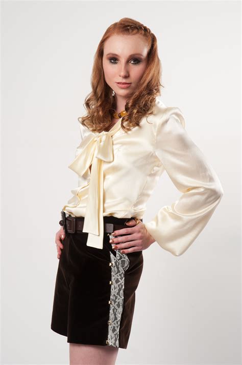 champagne satin blouse with puff sleeves and front bow