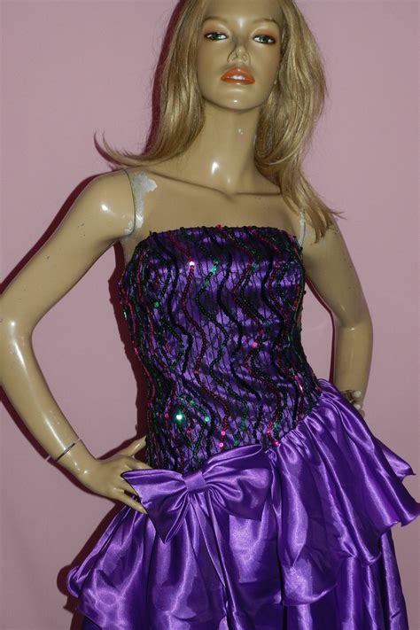 Vintage 80s Purple Multicoloured Sequin Bow Rara Prom Party Dress 6 8