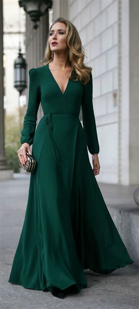 click  outfit details emerald green long sleeve floor length wrap dress black  gold