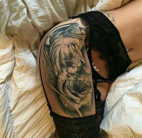 Lion And Rose Tattoo Tattoos Thigh Tattoos Women Lion Tattoos For Women