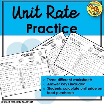 unit rate worksheets    math   middle tpt