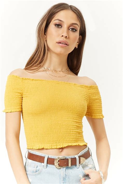Smocked Off The Shoulder Crop Top Yellow Crop Top Outfit