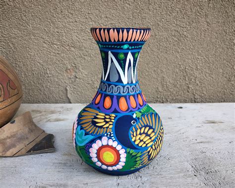 medium small colorful pottery vase  guerrero mexico ceramic folk art mexican southwest decor