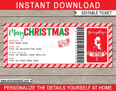 printable christmas tattoo gift voucher template diy gift certificate