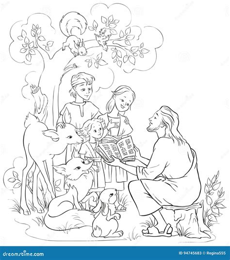 jesus reading  bible  children  animals coloring page stock