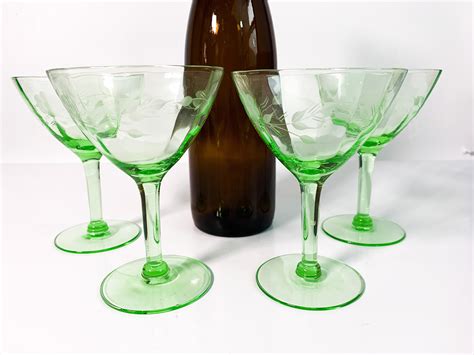 4 Vintage Green Depression Glass Champagne Coupes Glasses Stemware 4