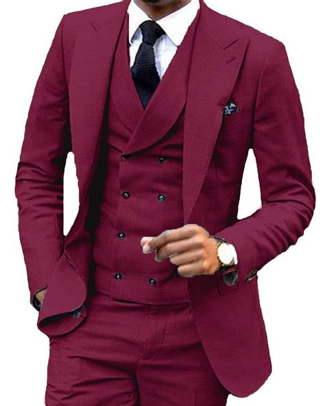 mens suit 3 pieces burgundy double breasted vest formal business slim