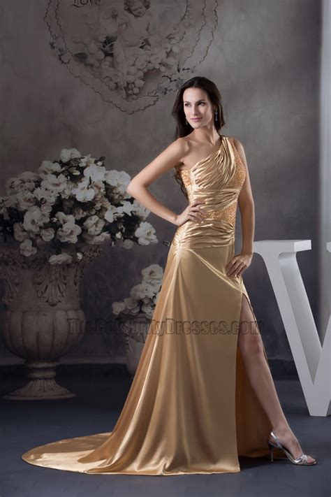Sexy Gold One Shoulder Evening Gown Prom Military Ball
