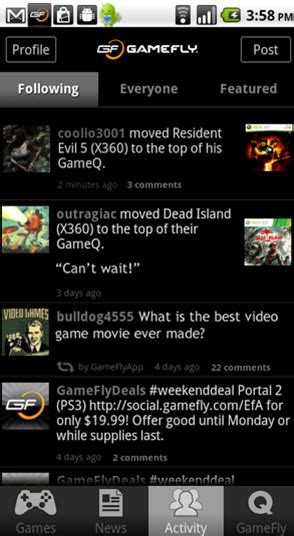 gamefly launches gamer social network  android devices venturebeat