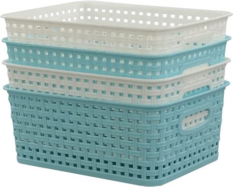 fosly small plastic storage weave basket white and blue set of 6