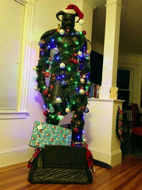 festively decorated rpg statues gamer christmas tree