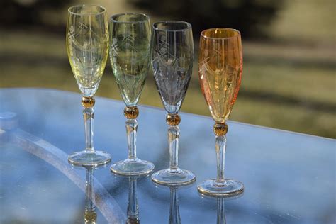 Vintage Multi Colored Etched Liqueur Wine Cordials Glasses Set Of 4