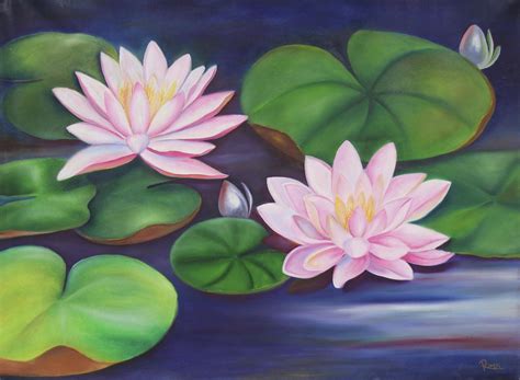 Signed Realist Painting Of Lotus Flowers From India Lotus Splendor