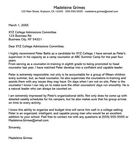 recommendation letter  college sample collection letter template