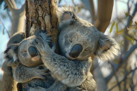 Furry Koalas Cuddling In Trees Premium Ai Generated Image