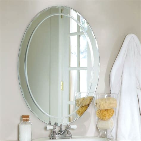 oval frameless bathroom vanity wall mirror  beveled edge scallop border
