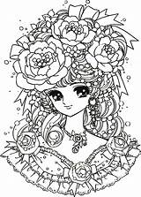 Manga Girl Coloring Beautiful Flowers Adult Flowered Kawaii Headdress Elegant Pages Anime Mangas sketch template