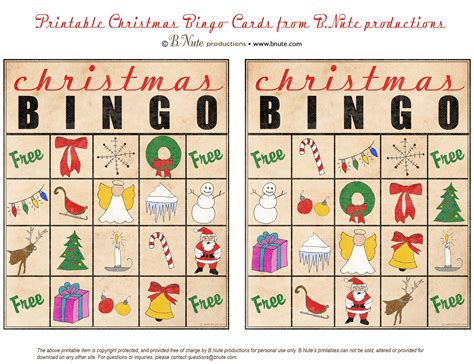 bnute productions  printable christmas bingo cards